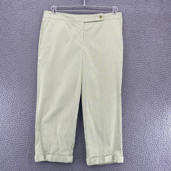 Talbots Pants Women 10 Petite Green Stripe Stretch Stretch Cuffed Skimmer Capri - Picture 1 of 12